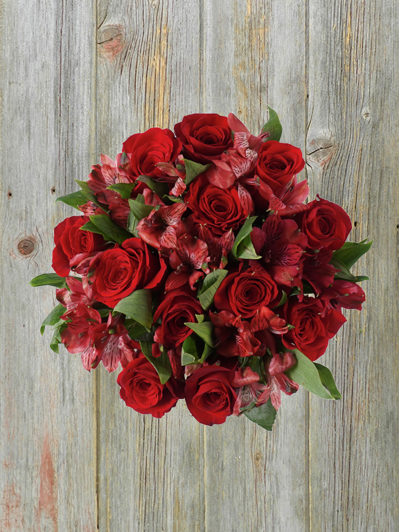 MONOCHROMATIC RED ALSTROMERIA AND  ROSE 18 STEM BOUQUET